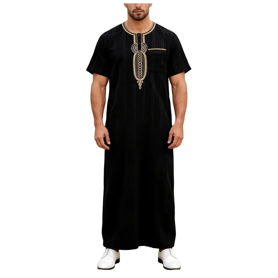

Men's Muslim Robe Islamic Arabian Short Sleeve Embroidery Jubba Thobe Arabic Ethnic Style Kaftan Islam Clothing Men Caftan Abaya