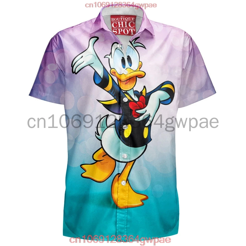 Donald Duck Hawaiian Shirt Men\'s Women\'s Short Sleeve Button Down Shirt Disney Graffiti Lapel Shirt Casual Retro Beach Shirt