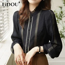 Spring Autumn Elegant Fashion Ruffles Stand Collar Patchwork Shirt Lady Long Sleeve Loose Casual All-match Blouse Femme Cardigan