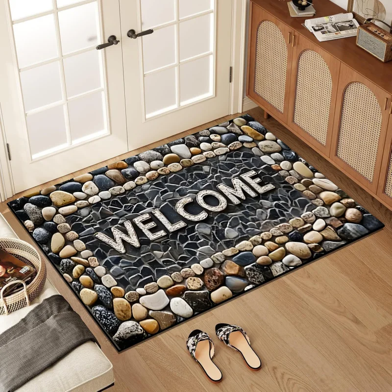 VIKAMA Minimalist Black White Welcome Script Modern Simple Art Crystal Velvet Door Mat Non Slip Entryway Bedroom Living Room