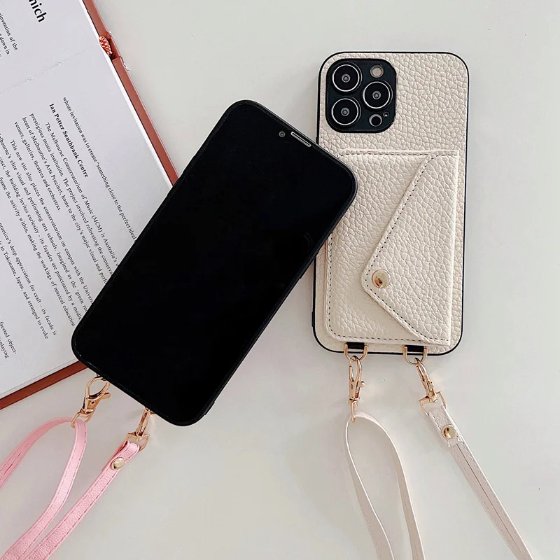 Luxury Crossbody strap lanyard wallet leather case for iPhone 16 13 12 16pro 15 pro 14pro max 12mini 11 card holder phone cover