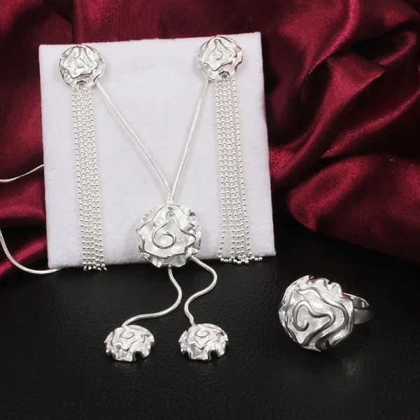 

Fine 925 sterling Silver Pretty rose flower necklace earrings rings for women Jewelry set fashion Party wedding accessories gift