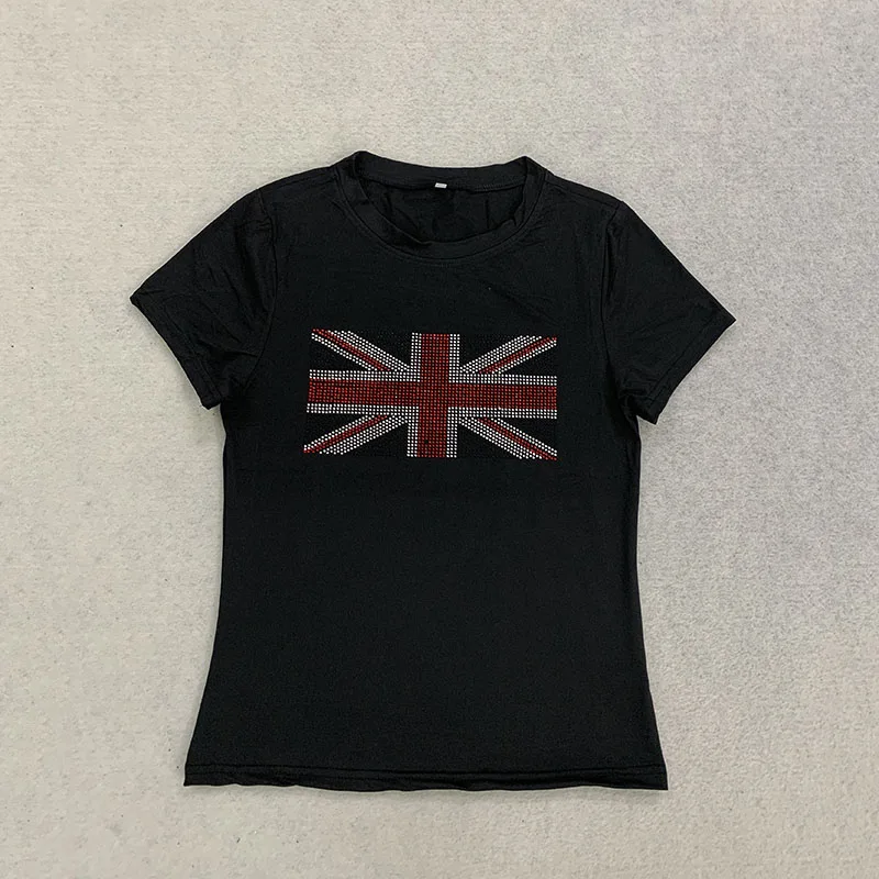 Summer New Retro Personalized Hot Bead Design National Flag Pattern Short Sleeve Round Neck Street Trendy Top Slimming T-shirt