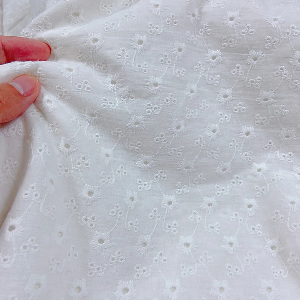 130cm Wide Soft Thin White Embroidered Pure Cotton Fabrics For Sewing Girl Costume Dress Shirts Quilting Cloth Materials Curtain