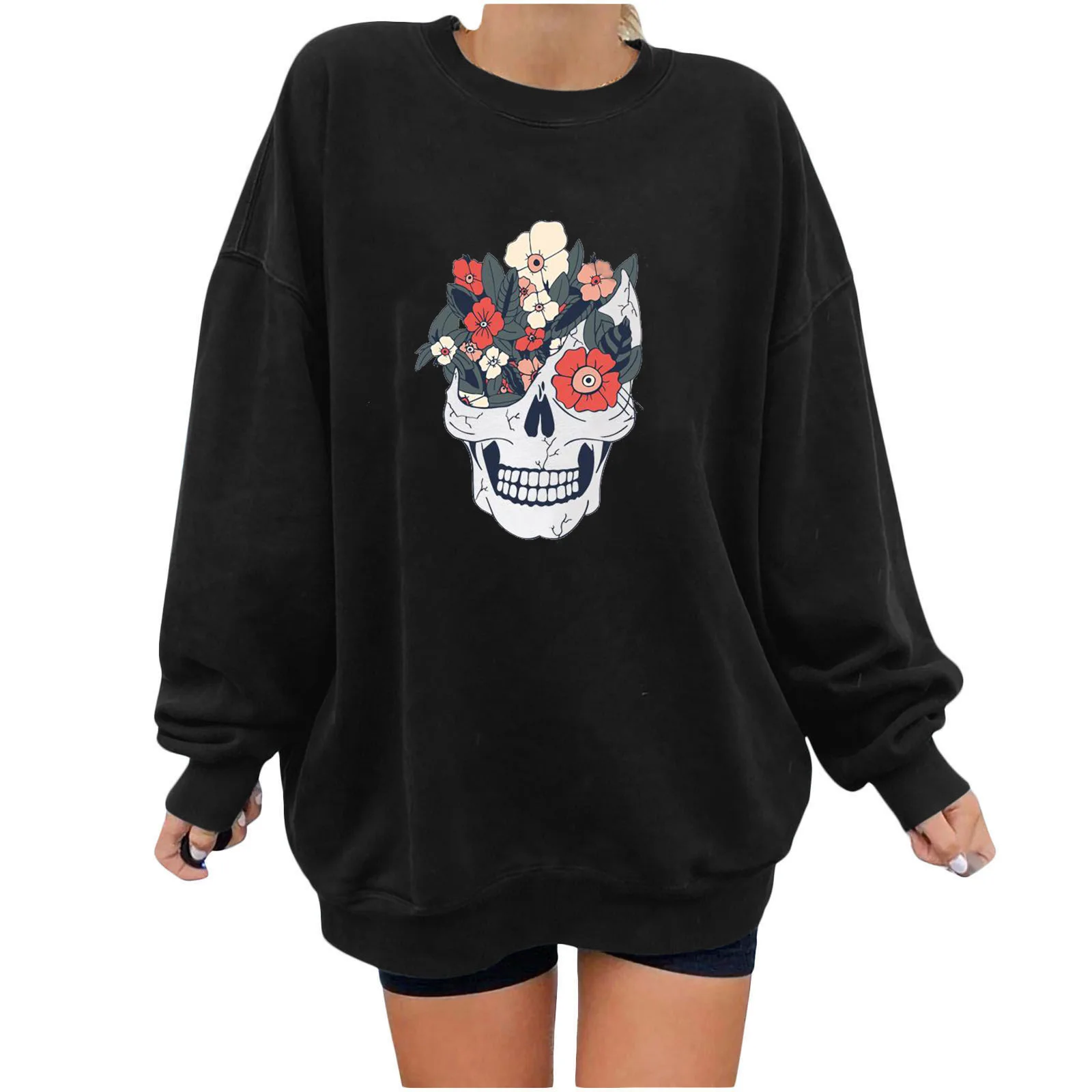 Fall Fashion Loose Women's Fashion Halloween Skull Flower Print Off Shoulder New Sweater