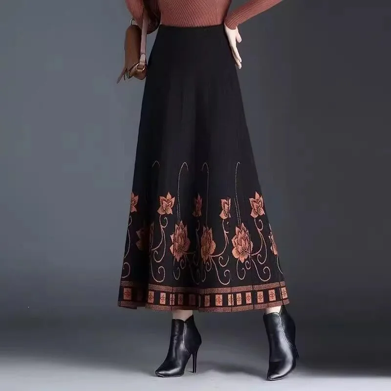 Women High Waist Knit A Line Maxi Skirt Ethnic Floral Print Swing Skirt Retro Color Block Flared Skirt