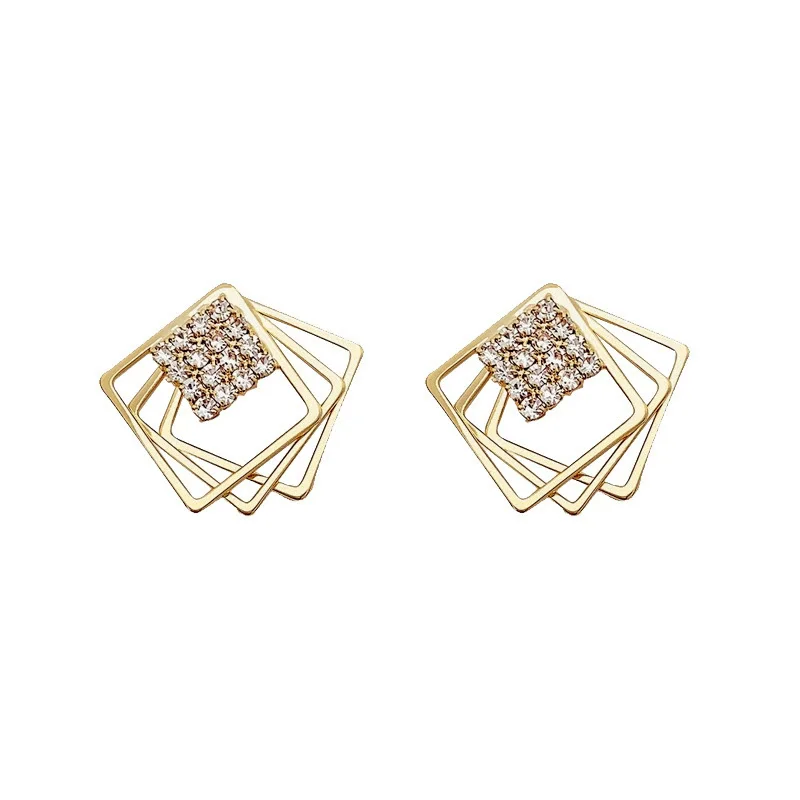 Hollow Out Square Stud Earrings for Women Fashion Rhinestones Rhombus Metal Earrings Geometry Jewelry Wholesale Gift