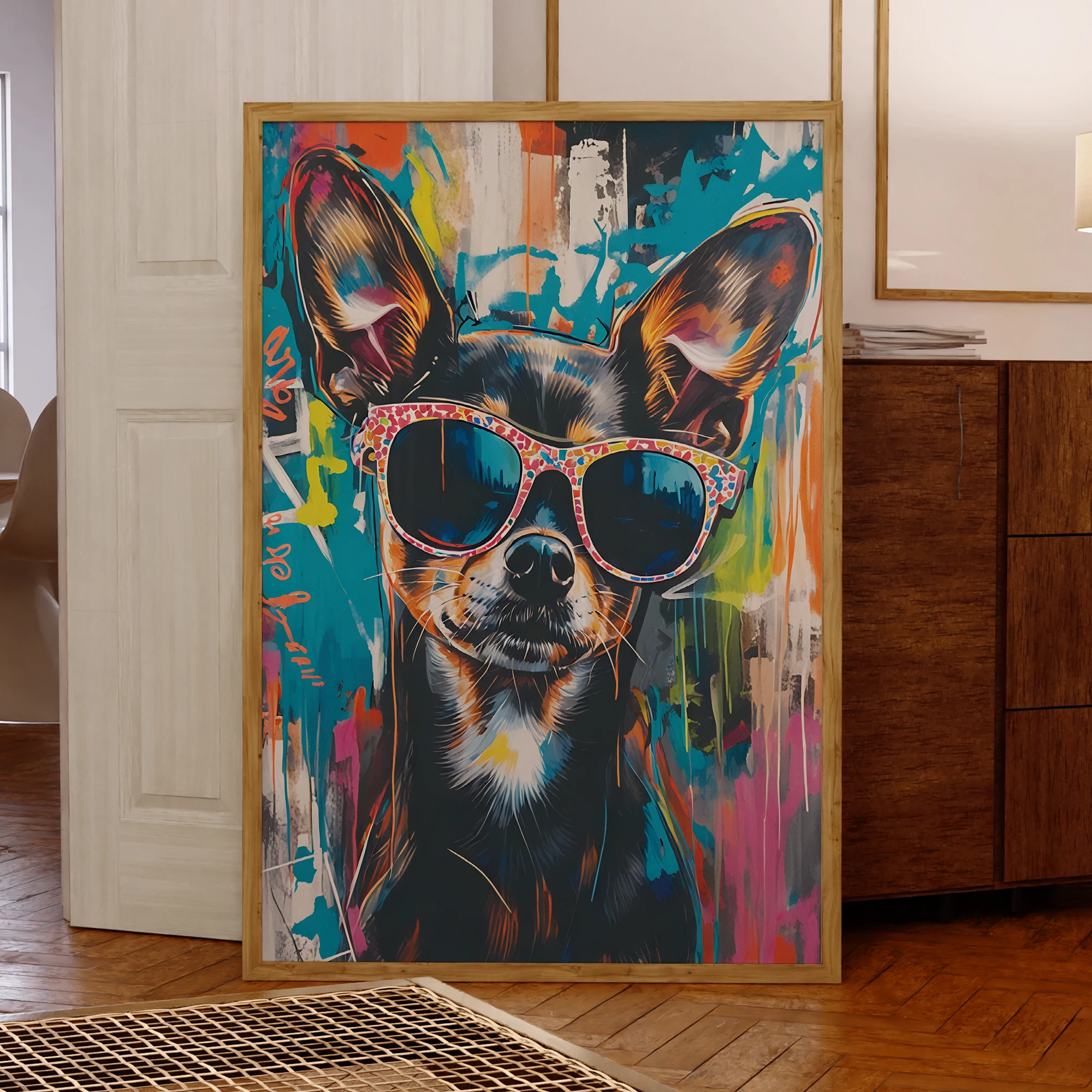 

Современный чихуахуа с солнцезащитными очками, настенное искусство, гравюра, холст, живопись, плакат, фотографии для гостиной, спальни, водонепроницаемый домашний декор