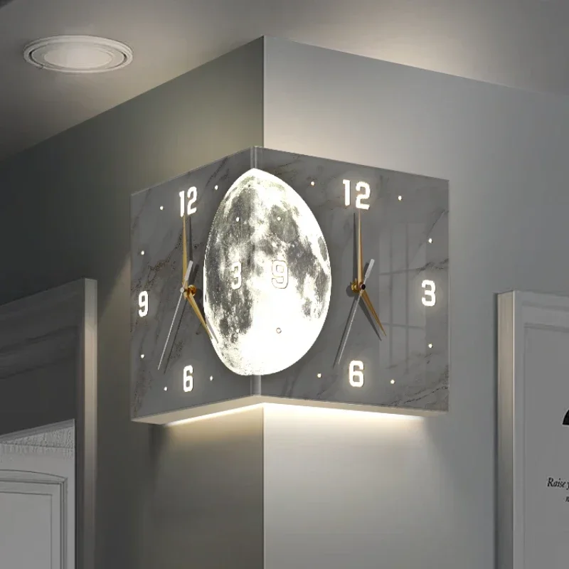 2023 new living room corner double-sided luminous creative clock wall lamp moon sun angle wall clock no punch corner clock