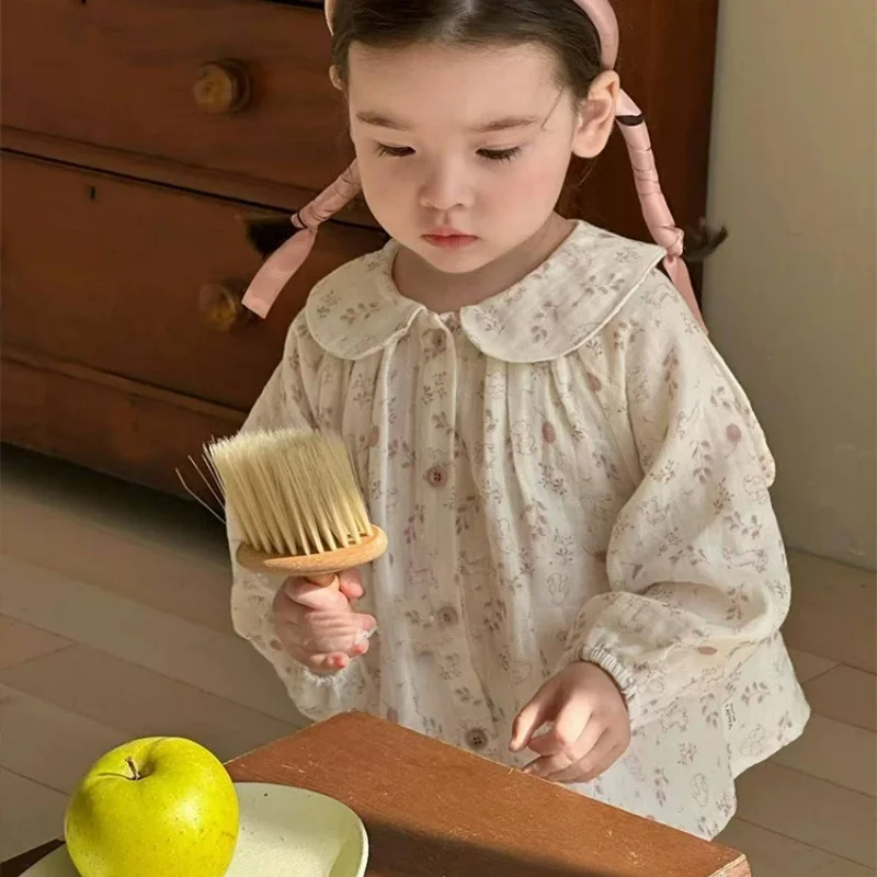 

Korean Children's Clothing 2026 Spring New Style Girls' Floral Cute Rabbit Shirt Baby Girl Doll Collar Shirt Top 1-7T