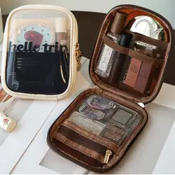 Women Fashion Makeup Bag Solid Color Zipper Cosmetic Bag Mesh Transparent Casual Travel Portable Mini Wash Storage Bags