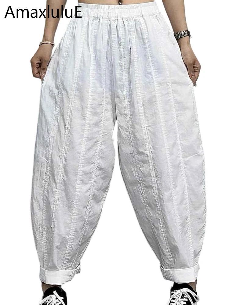 

Amax LuluE 2026 Spring Women Korean Fashion Loose Striped Casual Pants Ladies Classic Vintage Solid Cotton Luxury Harem Trousers