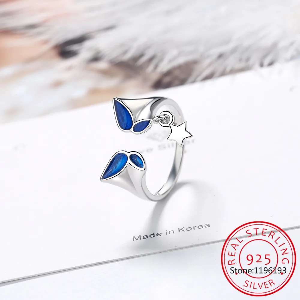 925 Sterling Silver Blue Enamel Delicate Butterfly Opening Ring Elf Adjustable Ring for Women Fine Jewelry BSR484-E