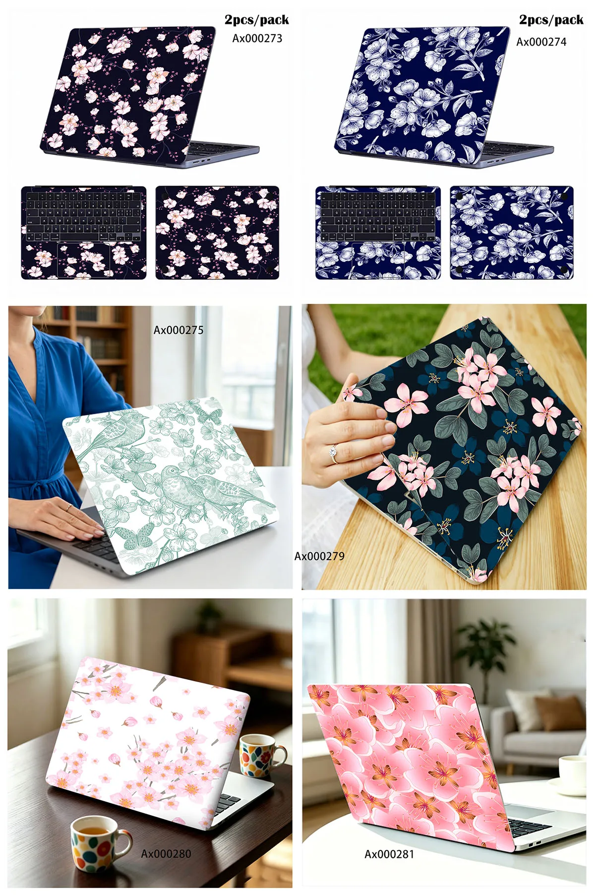 2pcs/pack Dreamy Pink Sakura Full Laptop Sticker Protective Peel Stick Wrap Anti Scratch Customizable Size for Universal Laptops