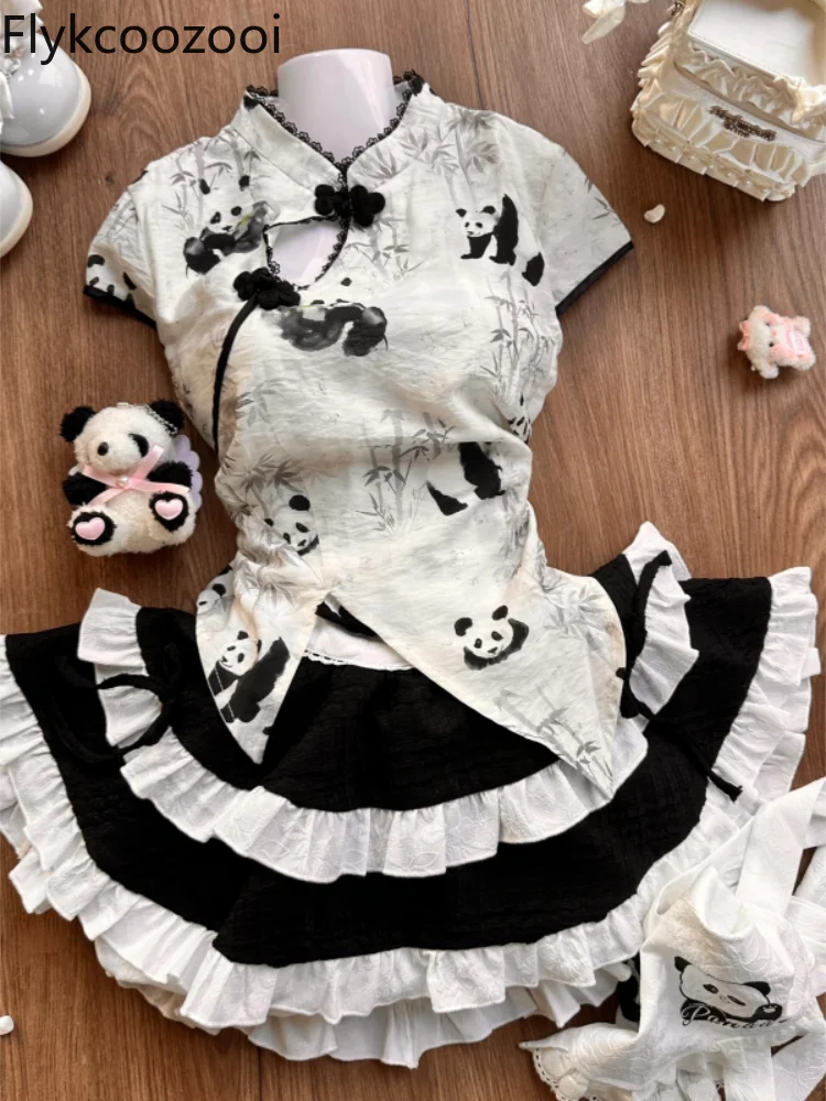 Schattig Meisje Lieve Nieuwe Chinese Panda Print Top Hoge Taille Afslankende Gezwollen Cake Vormige Rok Dienstmeisje Schort Set Conjuntos De Mujer