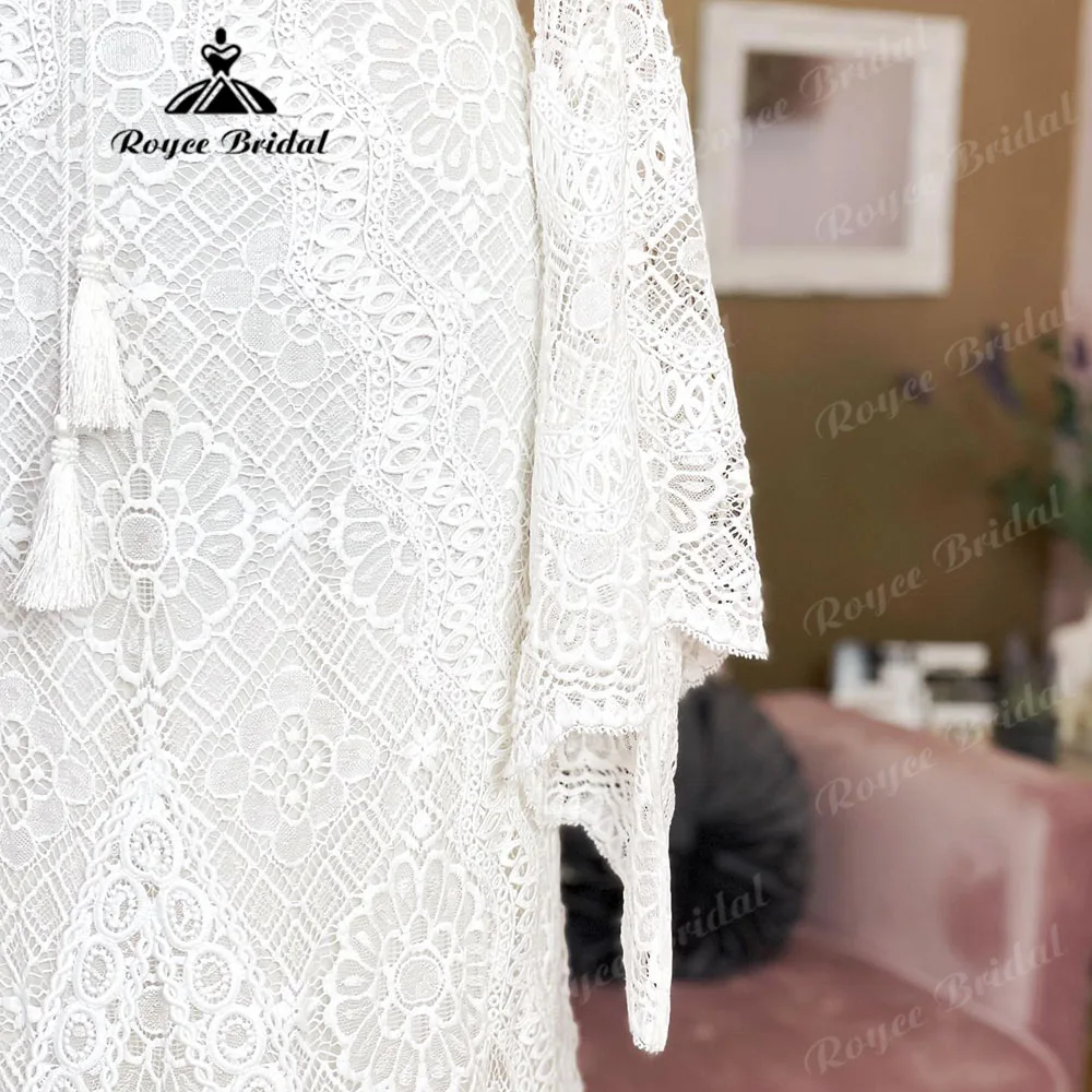 Abito da sposa Vintage a maniche lunghe con scollo a V in pizzo a sirena Boho per la sposa 2024 abito da sposa senza schienale abito sirene mariage abito sposa