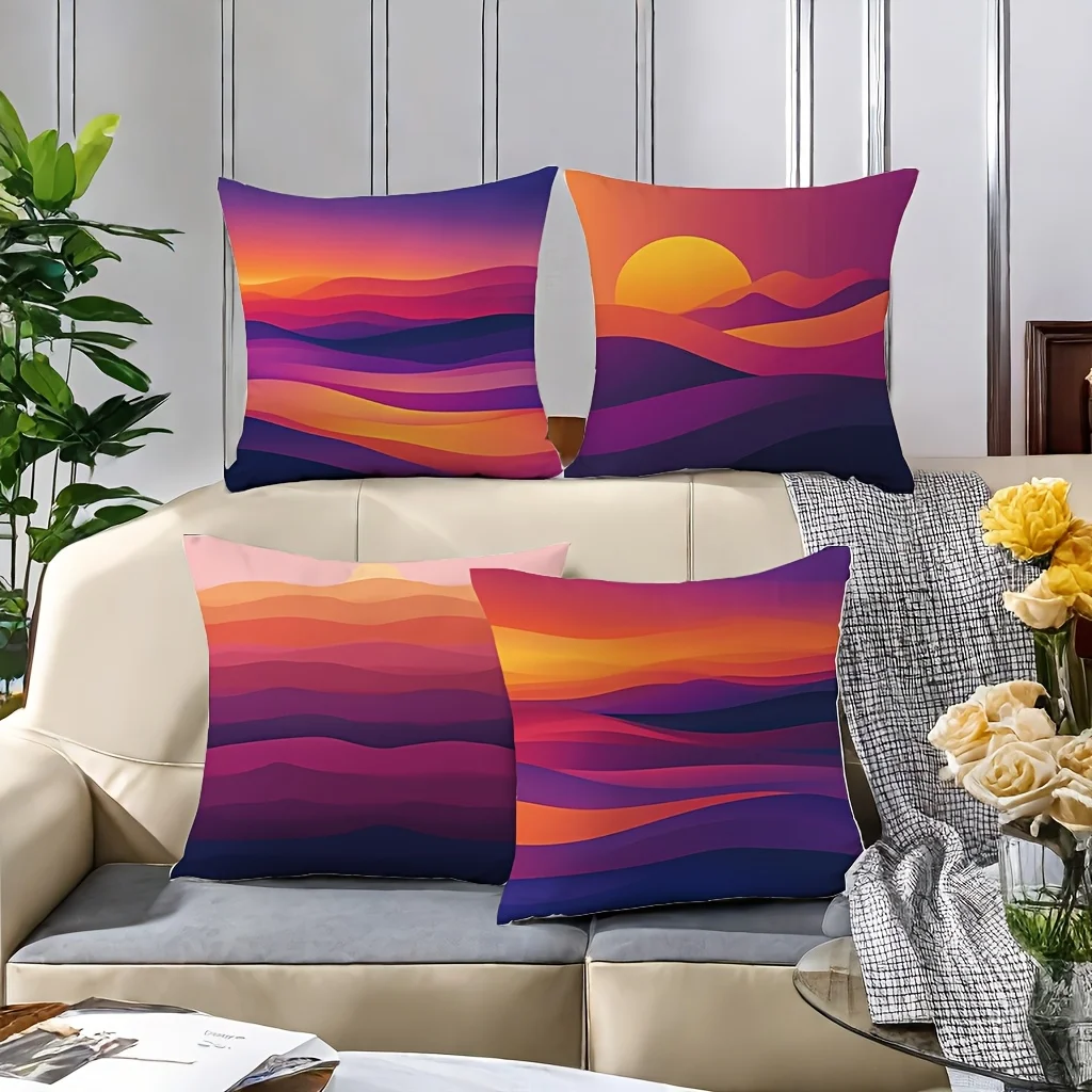 4pcs Sunset and sunset Single-sided printing Short plush Suitable for living rooms bedrooms sofas (excluding pillow cores)