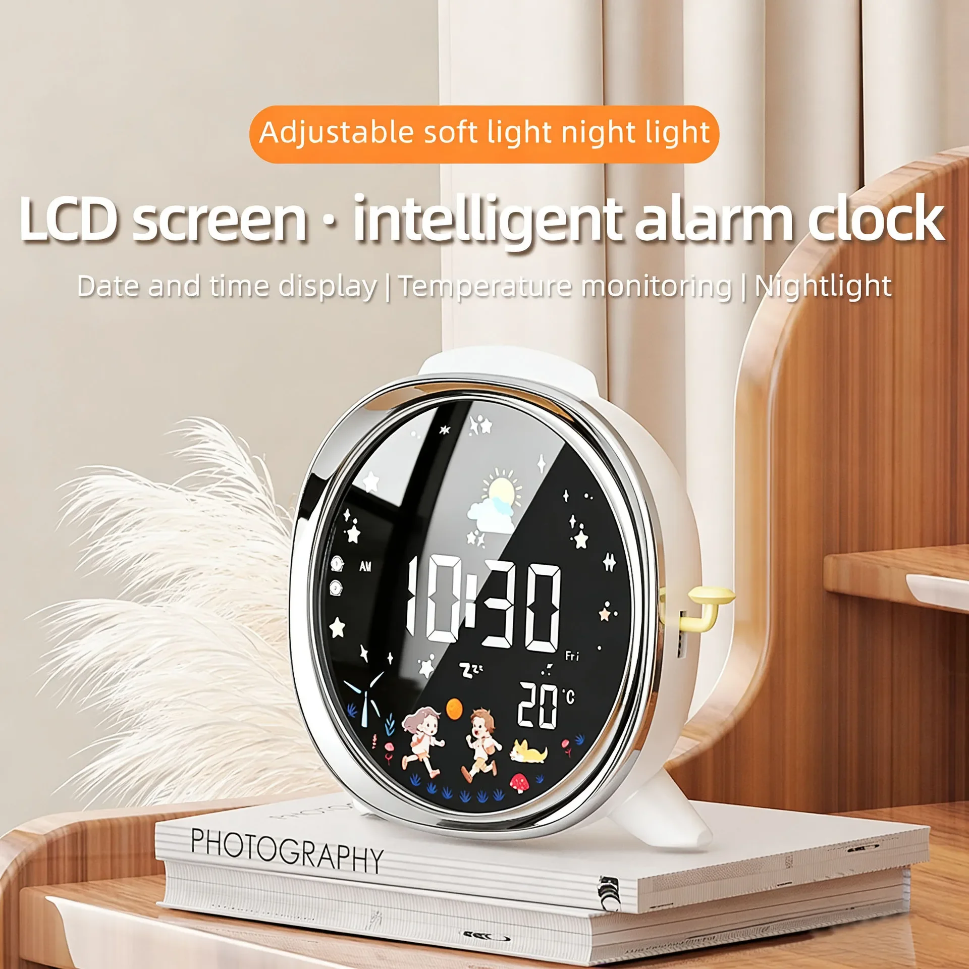 LED Alarm Clcok Digital Clcok LCD Screen Week Temperature Display Snooze Brightness Adjustable Voice Control Table Clock