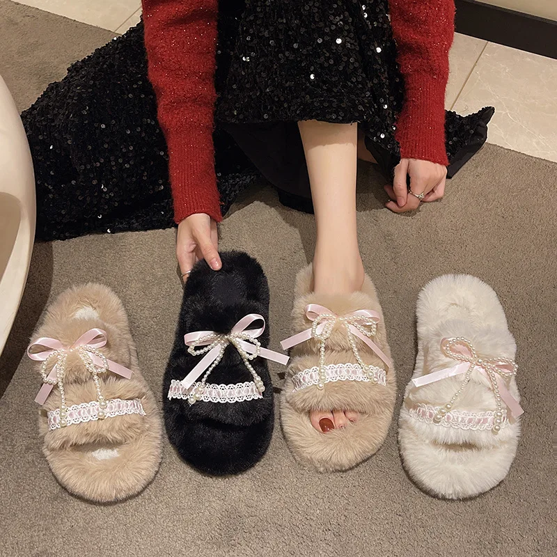 

Bow Bow Woolen Slippers for Women, Korean Style Fashionable Slippers, Autumn and Winter Home, Toe-exposed Plush Cotton Slippers