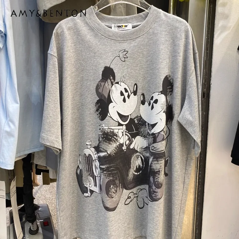 

2025 Summer New Round Neck Cartoon Y2k Inkjet Short-sleeved T-shirt Women's Loose Cotton Versatile Top Pullovers Kawaii Clothes