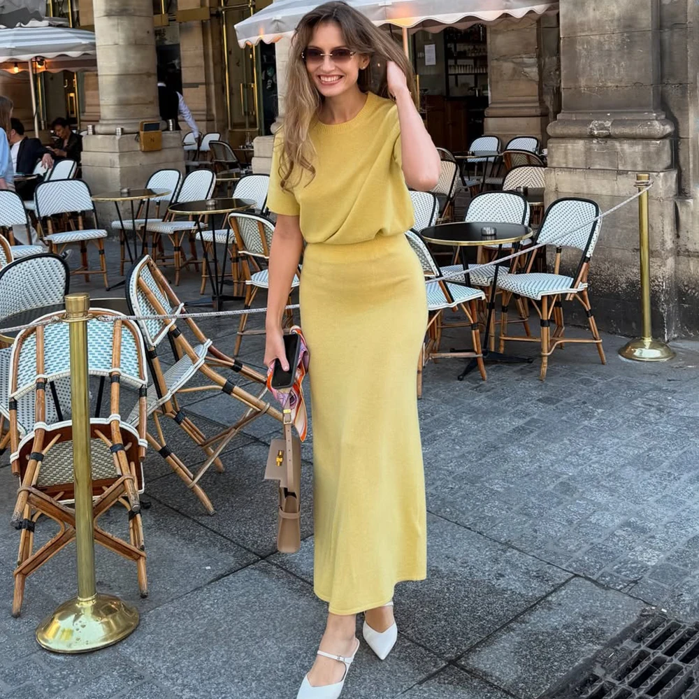 

Talenza Solid Knitted Skirt Set For Women O Neck Short Sleeve Top High Waist Skirt Set Female Casual Comfortably Slim Dress Sets
