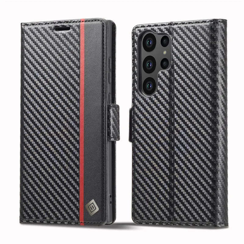 LC-imeeke Carbon Fiber Magnetic Wallet Case For Samsung Galaxy S23 FE Note20 A14 A24 4G A34 A54 A25 5G Leather Flip Book Cover