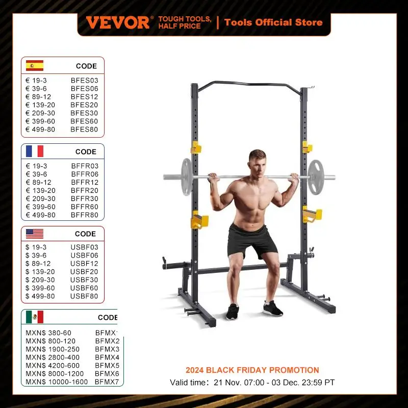 VEVOR Squat Stand Power Rack Multi-Functional Power Rack with Pull up Bar Hook and Weight Plate Storage Attachment 