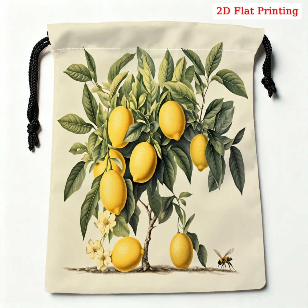 1pc Vintage Style Drawstring Bag Cream Yellow Lemon Tree Print Storage Small Pouch For Glasses Cosmetics Travel Organizer Portab