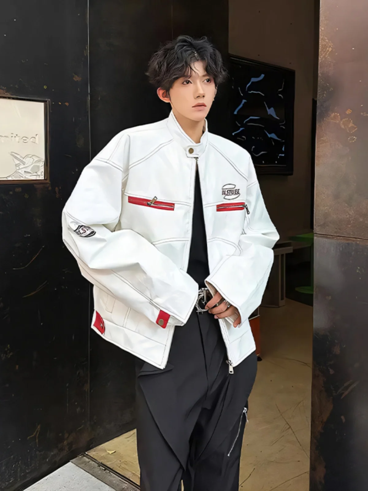 

White PU Leather Jaet Men's Spring Autumn Sle Vintage American High Street Motorcycle ort Workwear Jaet Zipper Decor