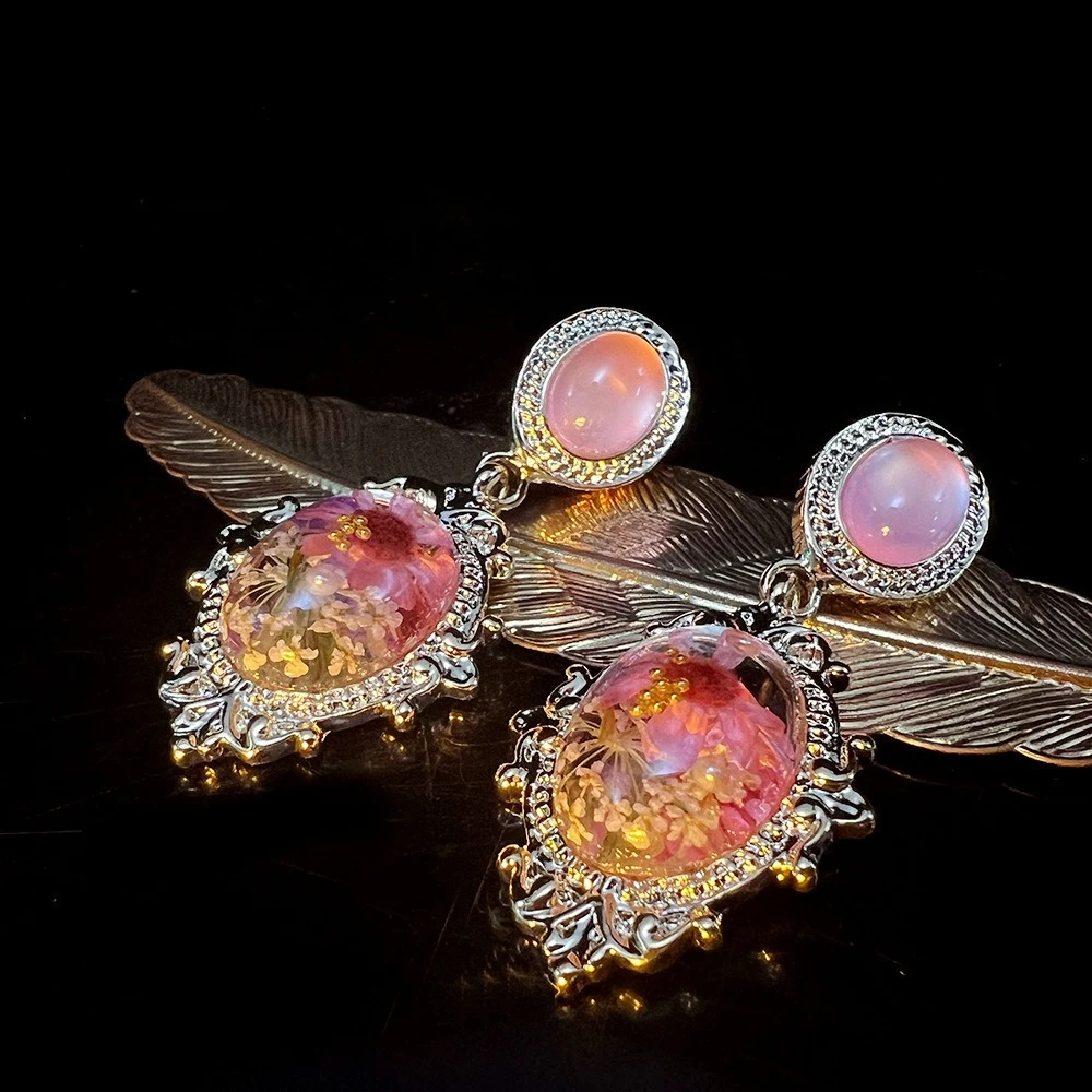 

Винтажные серьги с цветком из смолы, висячие серьги в стиле ретро с засушенным цветочным дизайном, элегантные массивные украшения для женщин, подарок