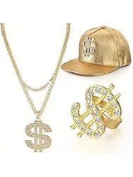 Hip Hop outfit set of 3 pieces includes an adjustable back button-down hat dollar logo pendant necklace and Hip Hop Dollar ring