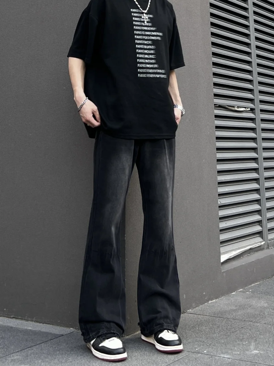 Calças Jeans Retrô de Perna Reta Solta para Homens e Mulheres, das em Preto e Cinza, Estilo Draped Cleanfit, Calças Casua...