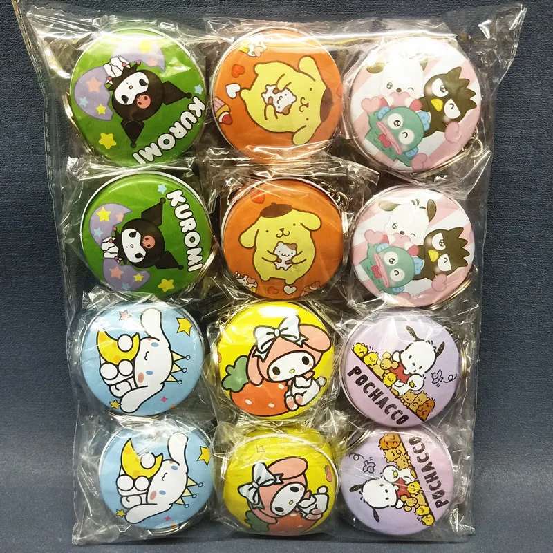 

12Pcs Sanrio Kuromi Cinnamoroll Cartoon Circular Storage Box Keychain Pendant Anime Pochacco Heart-Shaped Mini Storage Gift Box
