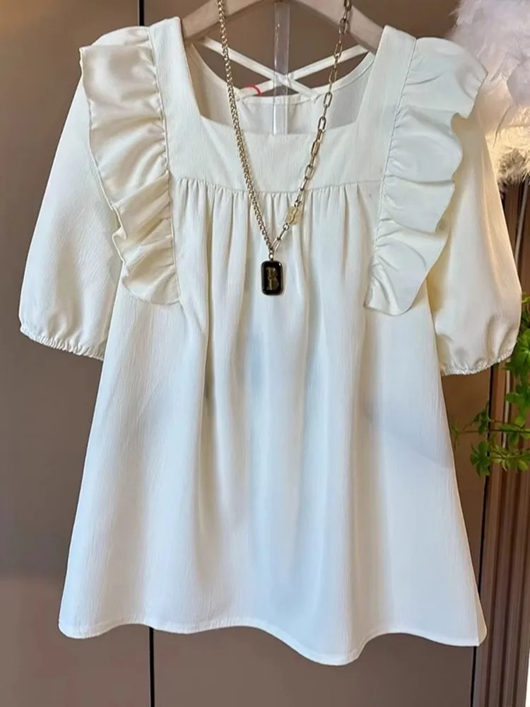 Ele col carré ort Sve mousseline de soie irt femmes été ample Chic Design minceur haut poupée irt coréen Sle trajet
