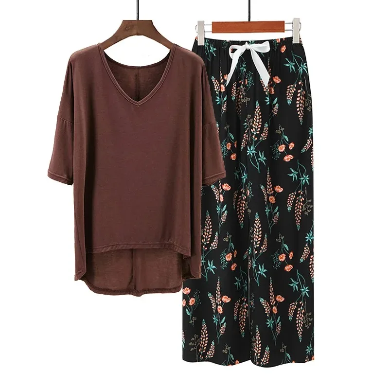 Plus Size Lady's Loungewear V Neck Modal Blend Short Sleeve Pajamas Sets Summer Abstract Print Pants Casual Homewear 2pcs