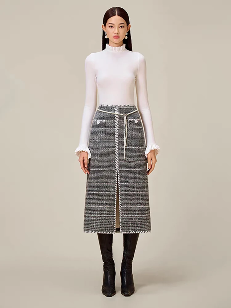 DEAT Elegant 2 Pcs Set Contrast Color Line Long Sleeve Tweed Coat High Waist Chain Loose Skirt Suit Autumn 2024 New 13DB3940