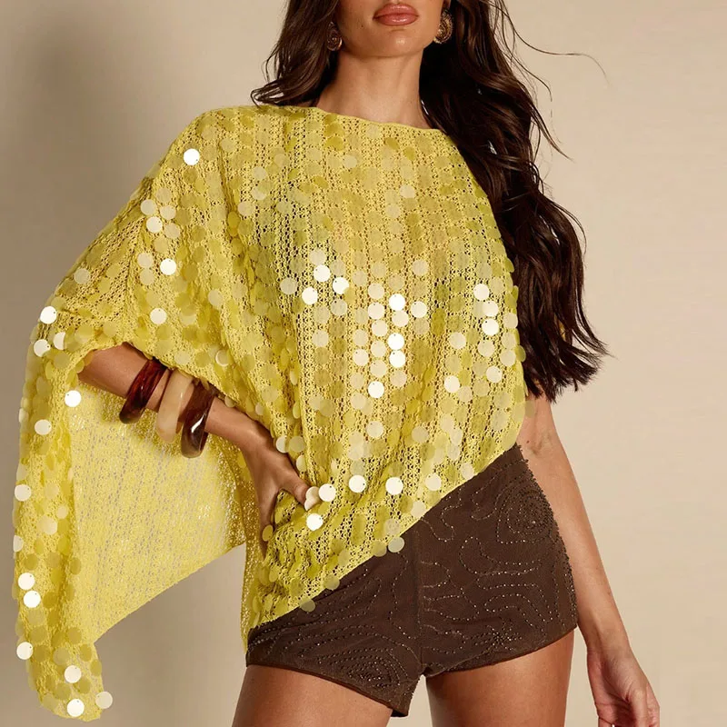 

Summer Casual Round Neck Loose Party Blouse Elegant Shiny Sequin Solid Color Pullover Top Fashion Batwing Sleeve Irregular Shirt