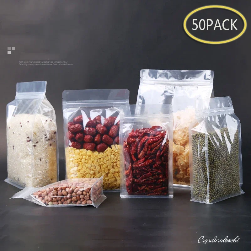 50PCS Transparent 3D Stand Up Plastic ZipLock Bag High Clear Coffee Snack Cookie Rice Packaging Gift Storage