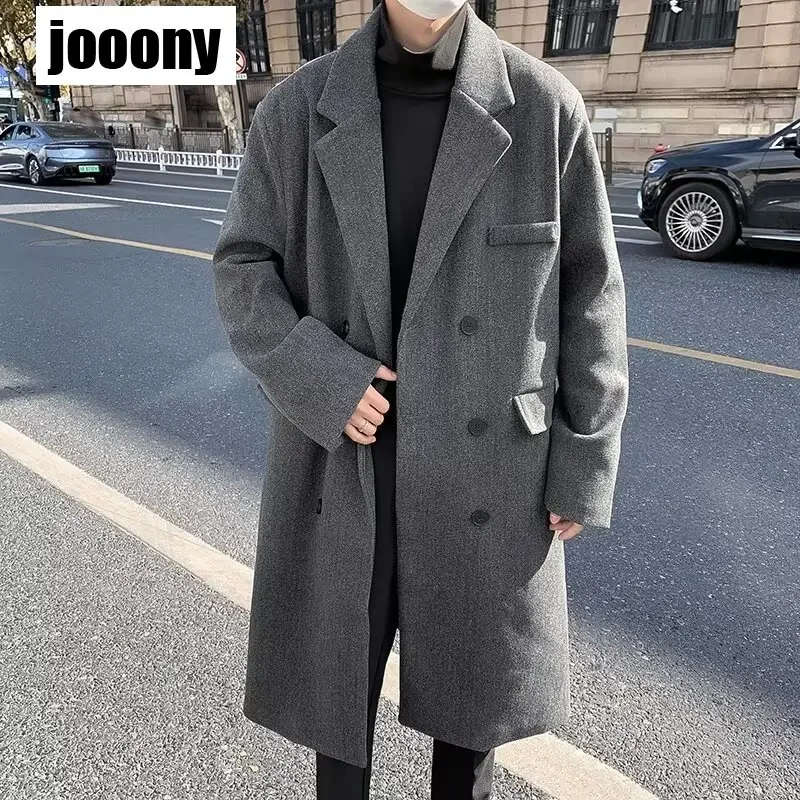 

Winter Long Trenchcoat Men Korean-style Solid Double Breasted Woolen Coat Loose Casual Trench Outwear 2024 Solid Color Overcoats