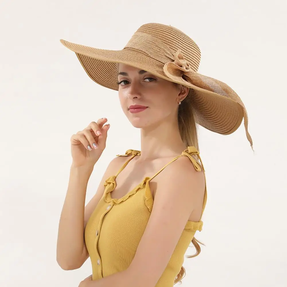 Wide Brim Beach Straw Hats For Women Bow-knot Decor Sunscreen Foldable Strap Women Straw Hat Headwear Women Fisherman Hat