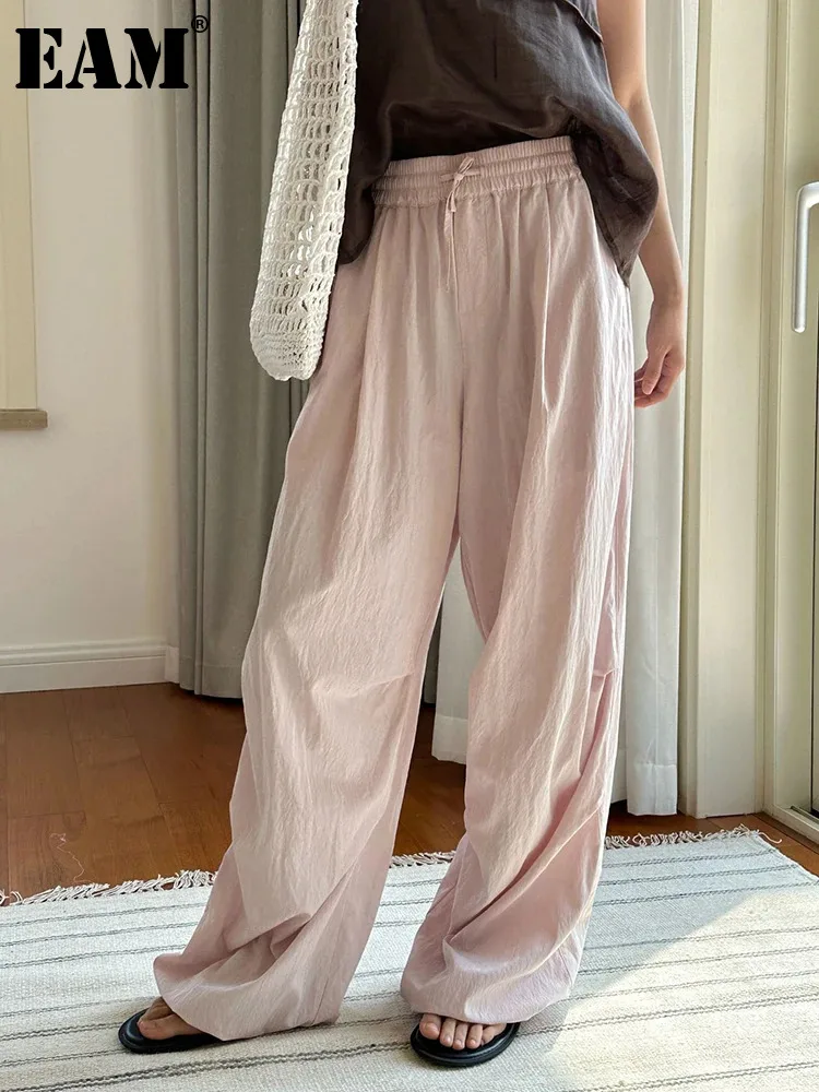 

[EAM] High Elastic Waist pink Color Long Wide Leg Casual Pants New Trousers Women Fashion Tide Spring Autumn 2024 1DH6030