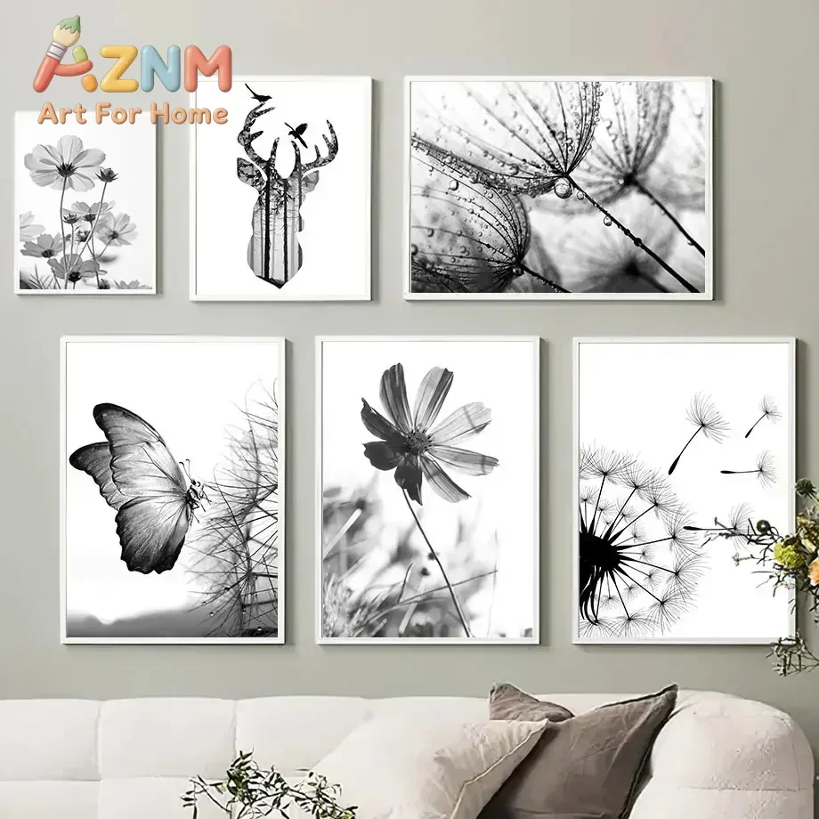 AZNM Black White Floral Animal Canvas Wall Art Dandelion Butterfly Deer Print Poster for Living Room Bedroom Home Wall Decor