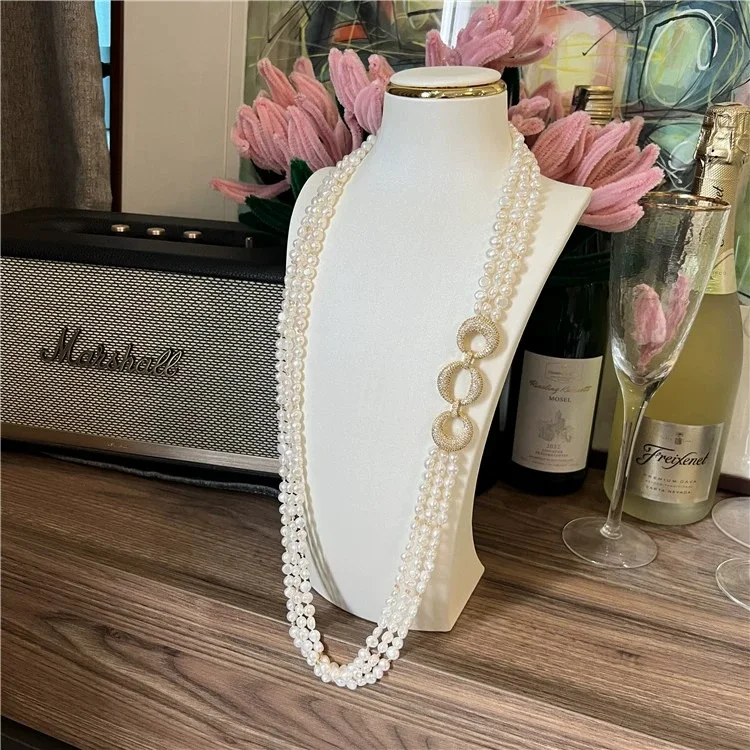 

3 Strands Natural Baroque Irregular Shaped Pearl CZ Connector Necklace