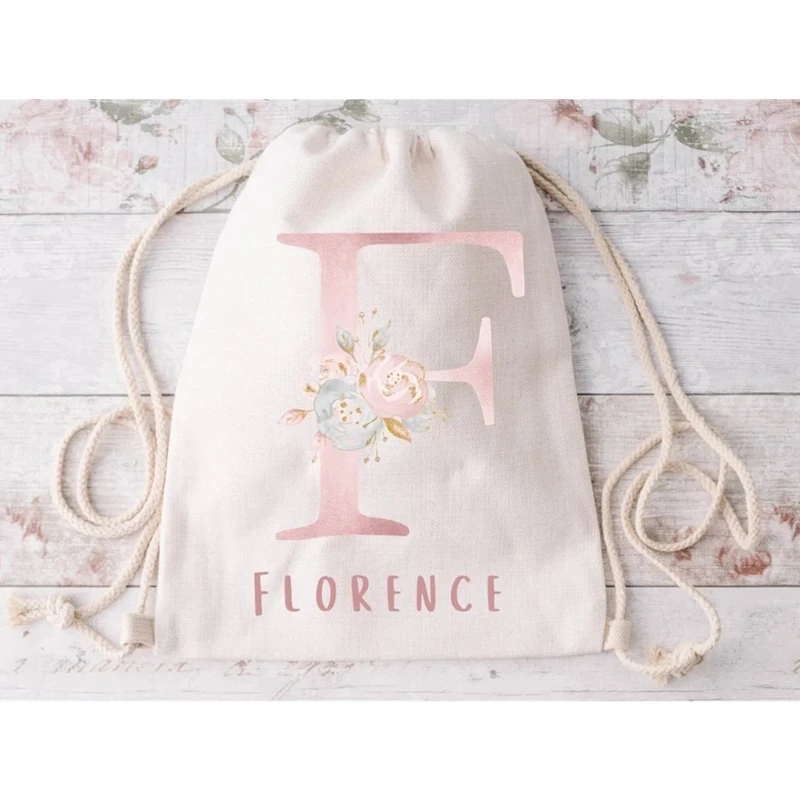 Custom Gym Bag Of Kids-Girls Linen Bag- Girls Initial Drawstring Bag - School Bag -School PE Bag - For The Groom And Bride