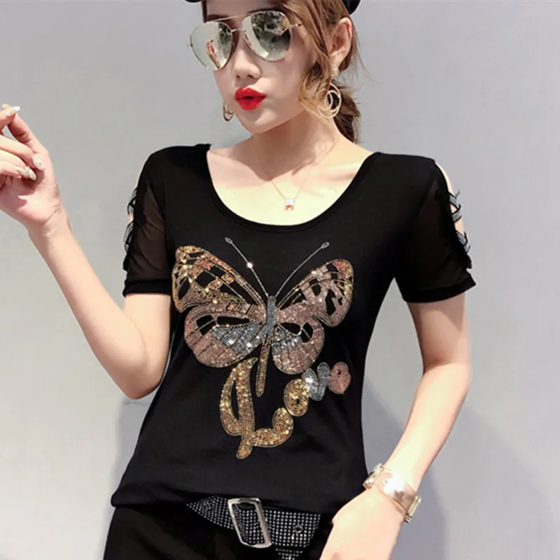 Fashion Gold Butterfly Diamonds Women Backless T-Shirt Sexy Stretch Spliced Gauze Offf Shoulder T Shirt Top Girl Streetwear Tees