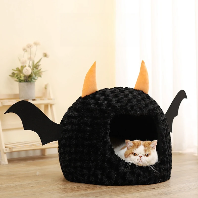 Imagem -02 - Totalmente Fechado Halloween Pet Ninho Cama de Gato Quente e Divertido dos Desenhos Animados Pequeno Diabo Gatinho Sofá Casa para Cachorro e Cachorro Pet Pet Pet