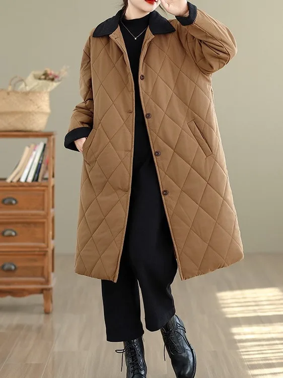 

Winter Faion Corduroy Patchwork Collar Cotton Jaet Women's Loose Fit Thin Cotton Coat Medium Length Warm Outerwear