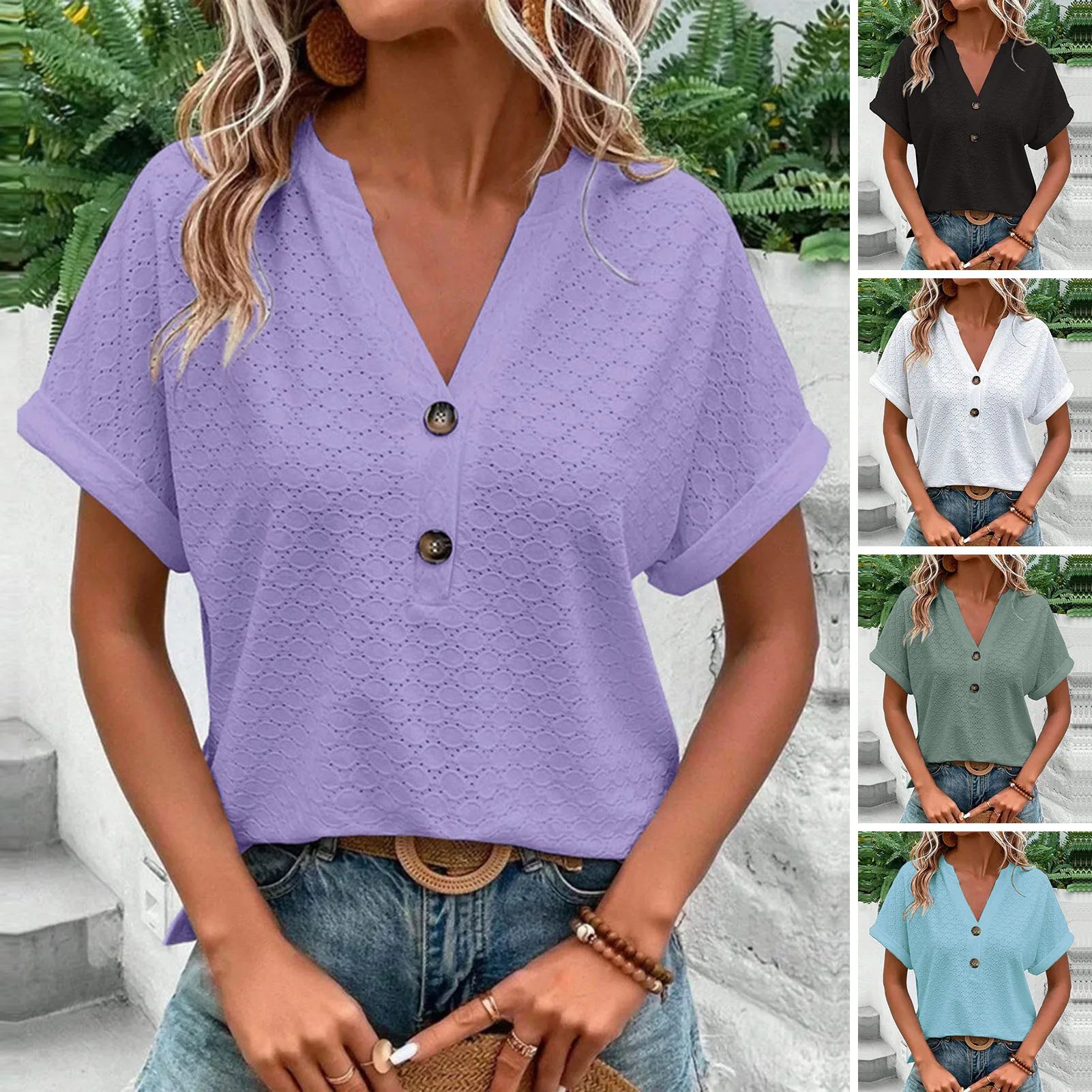 1Pc Women's V-neck Summer Tops Breathable Soft Loose Shirts & Blouses Hollow Out Design Button Decor Women Clothing for Vacation