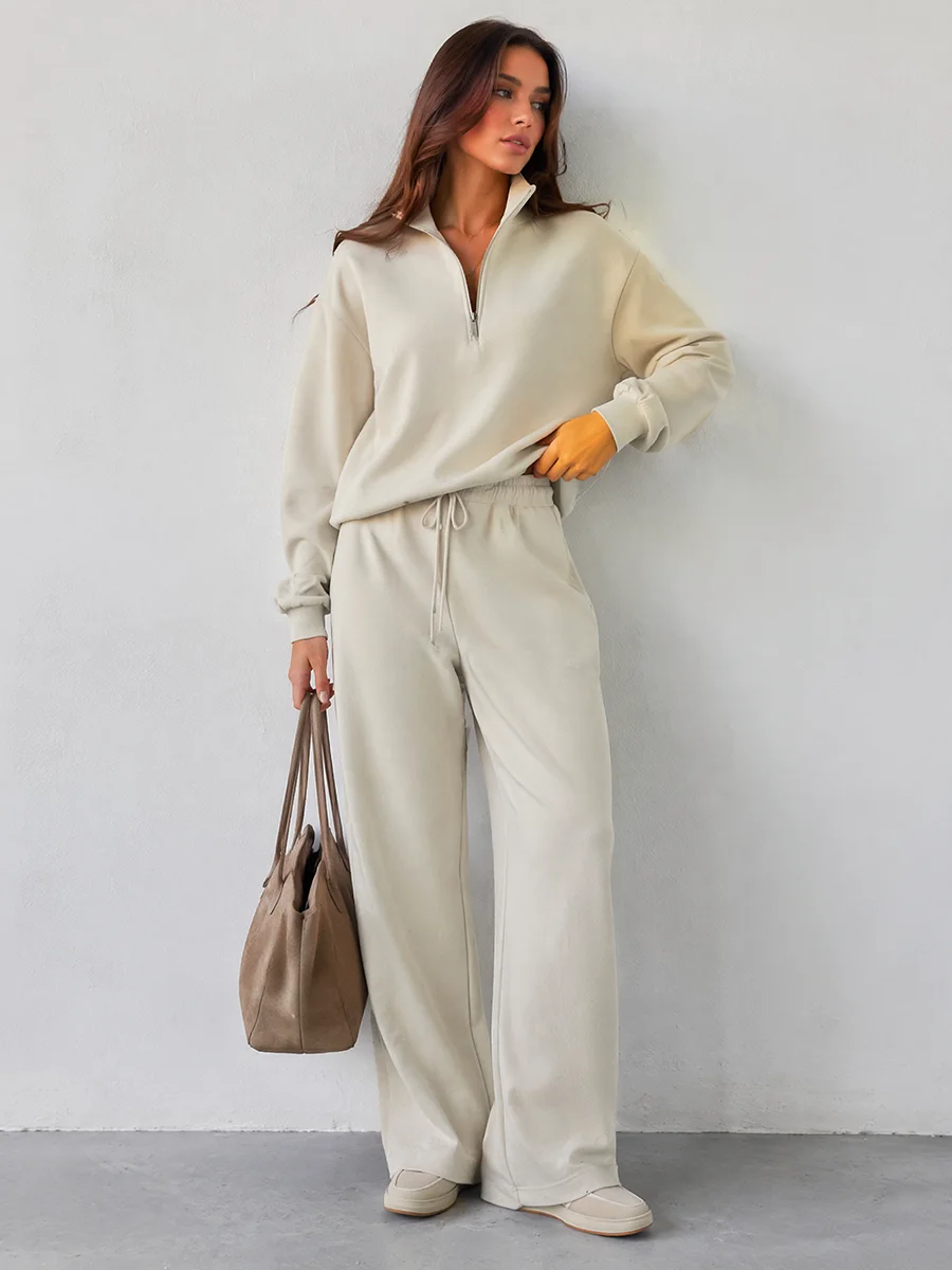 Conjunto Chic de 2 Piezas para Mujer: Sudadera con Cuello Alto y Media Cremallera, Pantalones Anchos con Cordón en la Cintura, Ropa Deportiva 2026