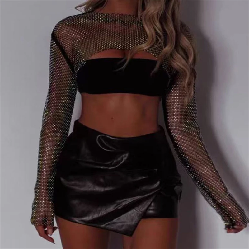 2000s Y2K Clothes Black Women Crop Top New Year\'s Wear T-Shirts Beautiful Rhinestone Night Clubwear Black Bottoming Shirt Tee